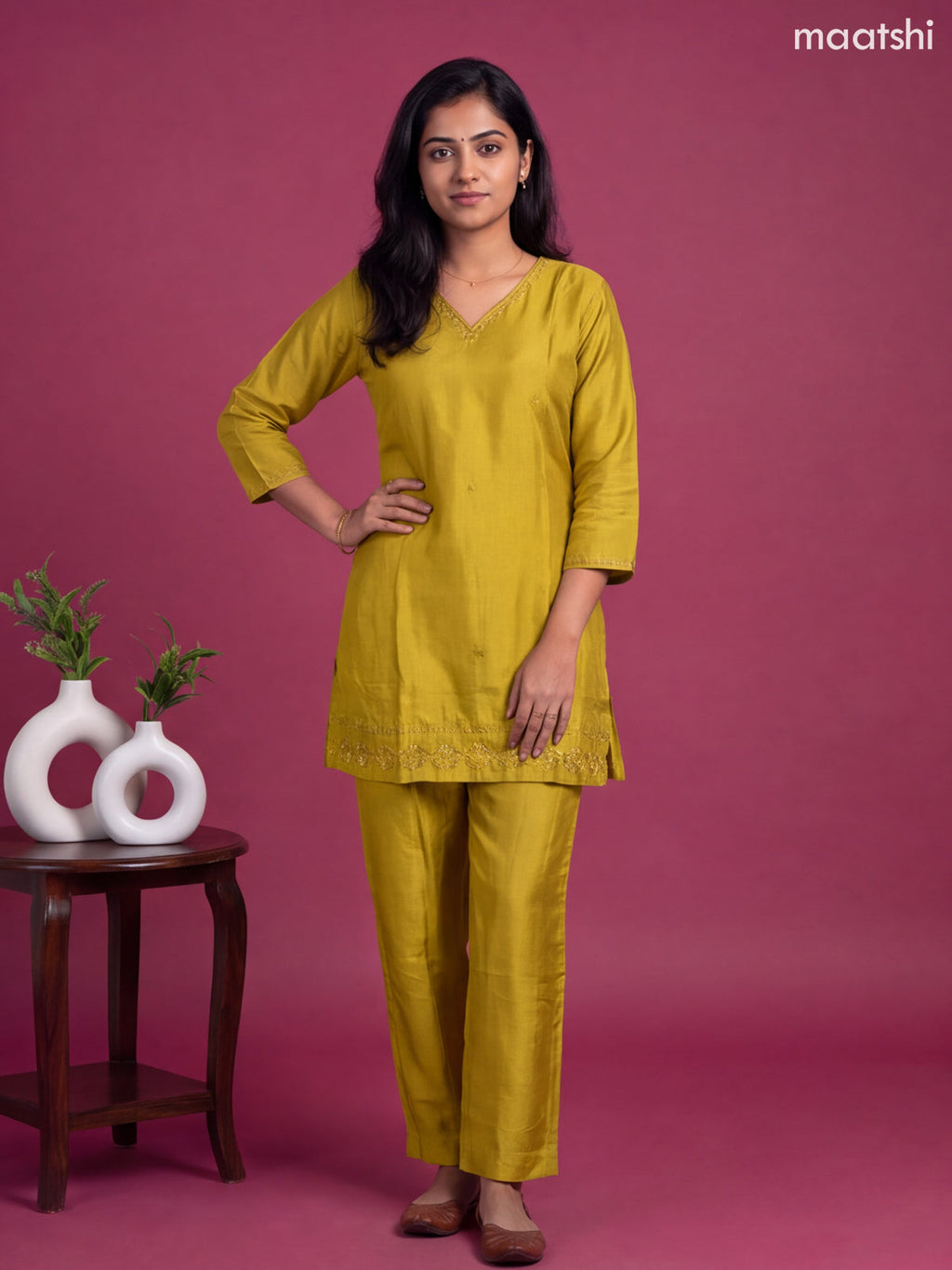 Lime Green Art Tussar Embroidery Work Straight Suit