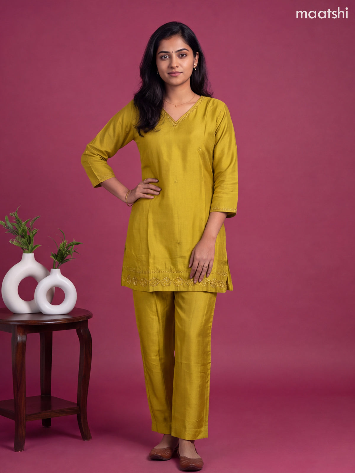 Lime Green Art Tussar Embroidery Work Straight Suit