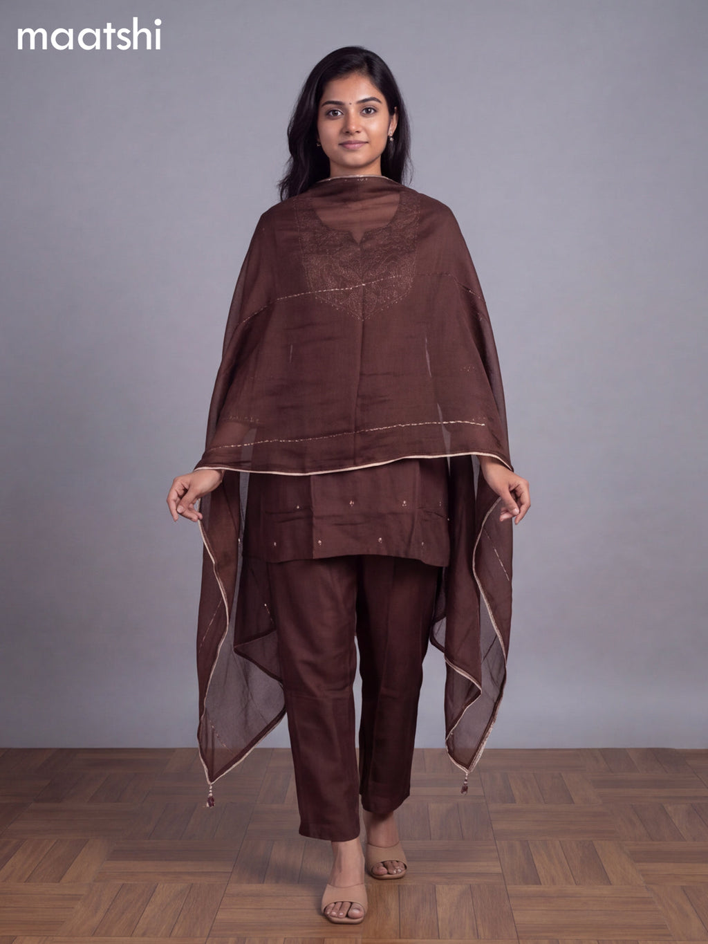 Brown Art Tussar Embroidery Work Straight Suit