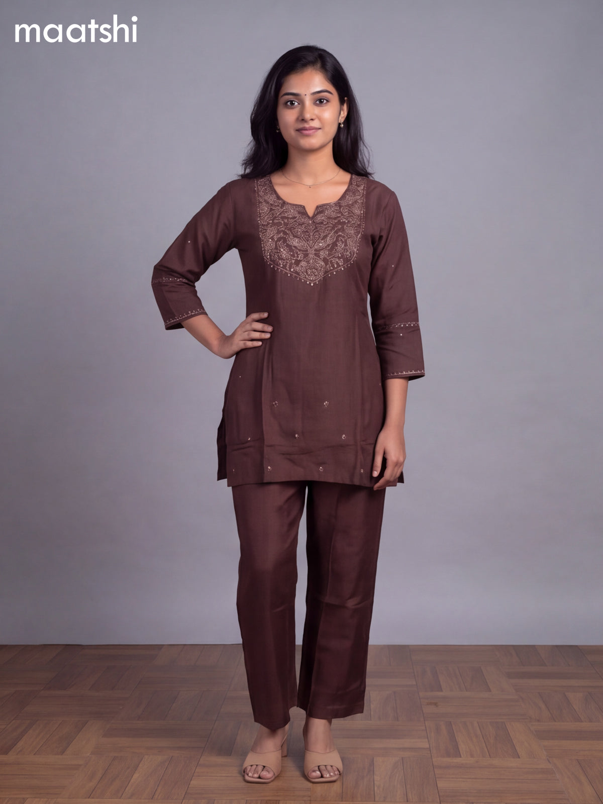 Brown Art Tussar Embroidery Work Straight Suit