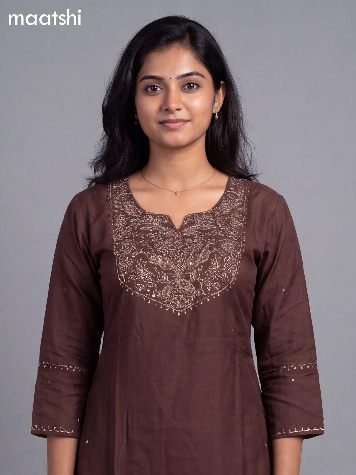 Brown Art Tussar Embroidery Work Straight Suit
