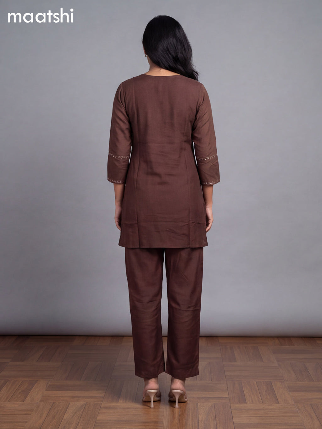 Brown Art Tussar Embroidery Work Straight Suit