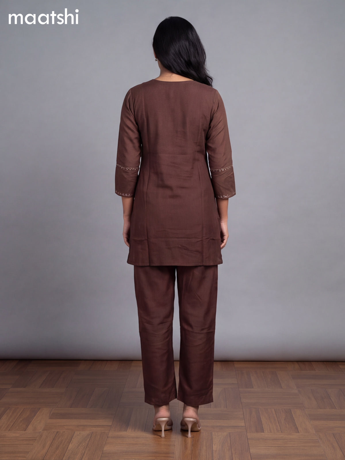 Brown Art Tussar Embroidery Work Straight Suit