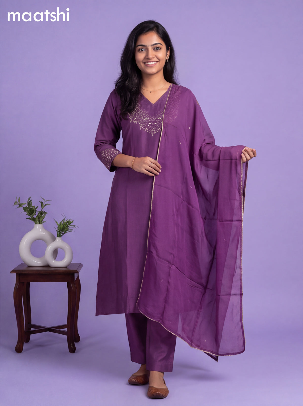 Purple Art Tussar Embroidery Work A-Line Suit