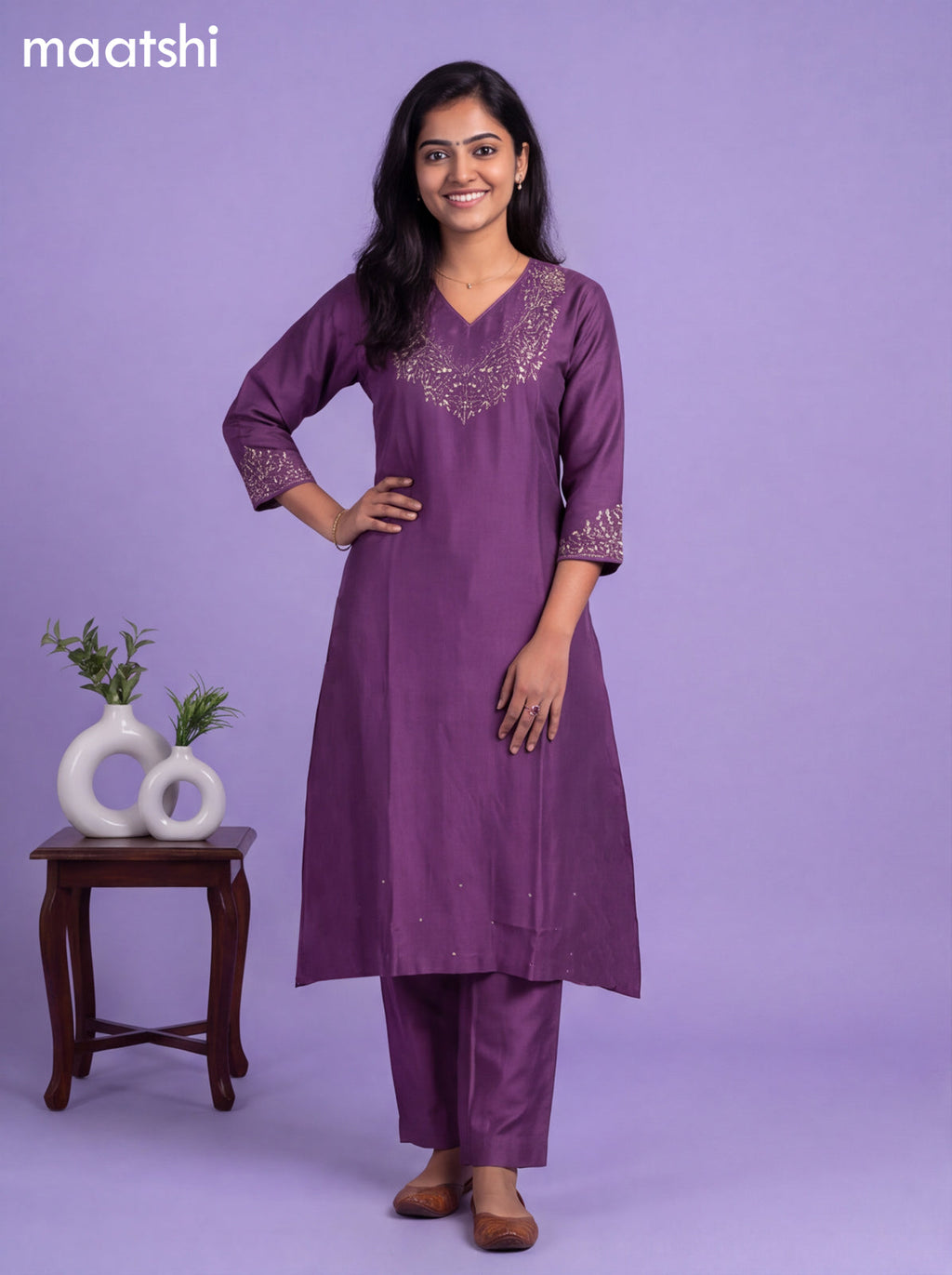 Purple Art Tussar Embroidery Work A-Line Suit