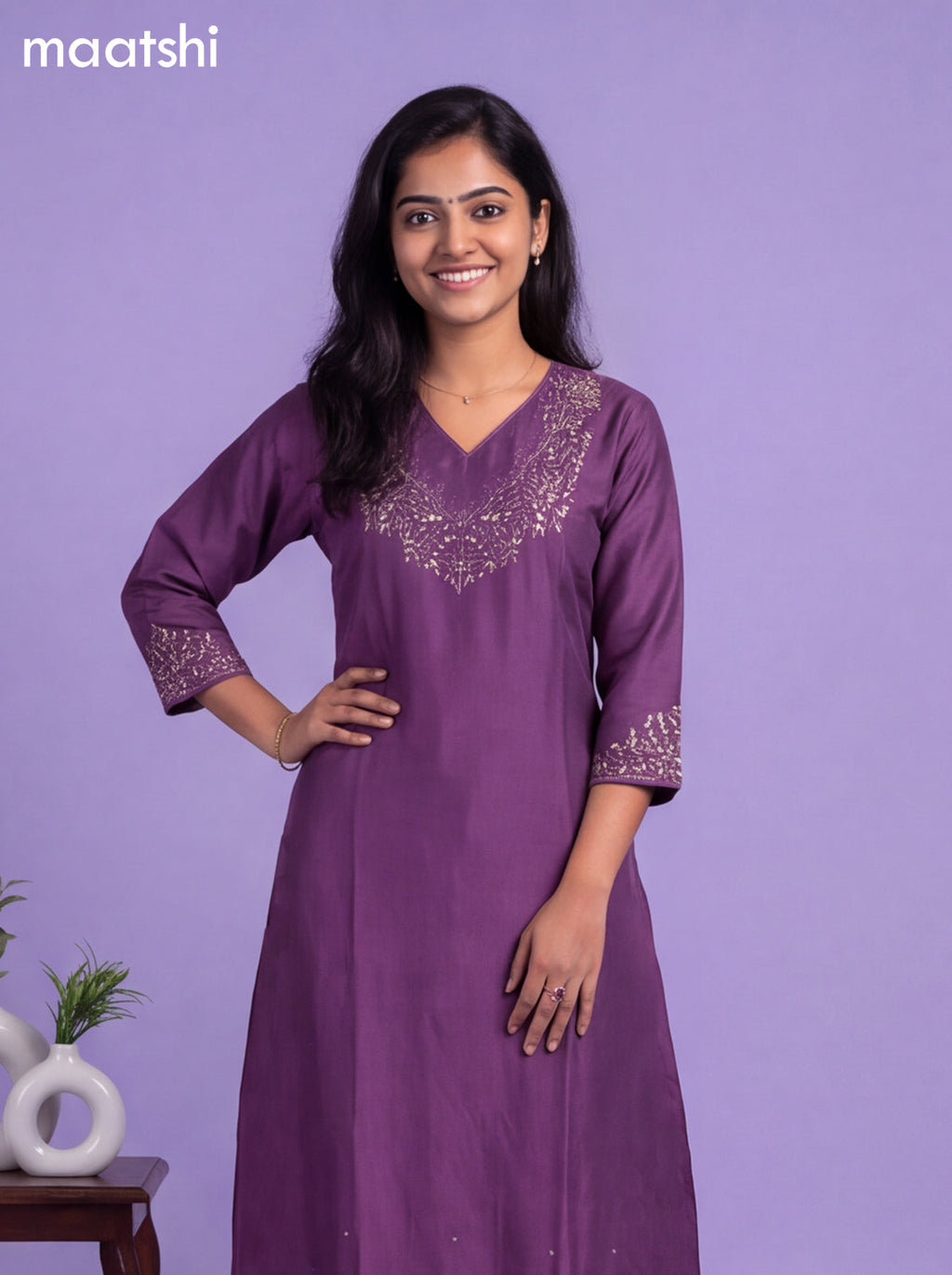 Purple Art Tussar Embroidery Work A-Line Suit
