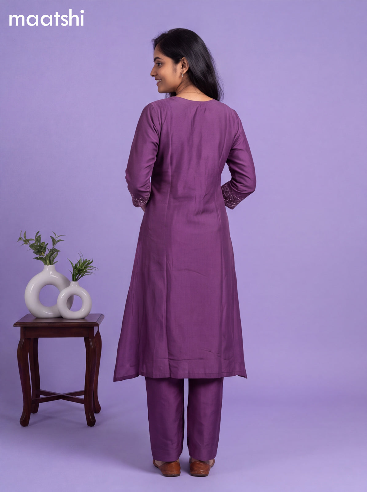 Purple Art Tussar Embroidery Work A-Line Suit