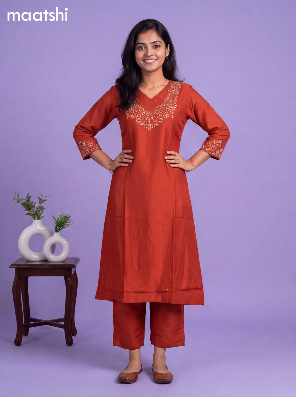 Rust Art Tussar Embroidery Work A-Line Suit