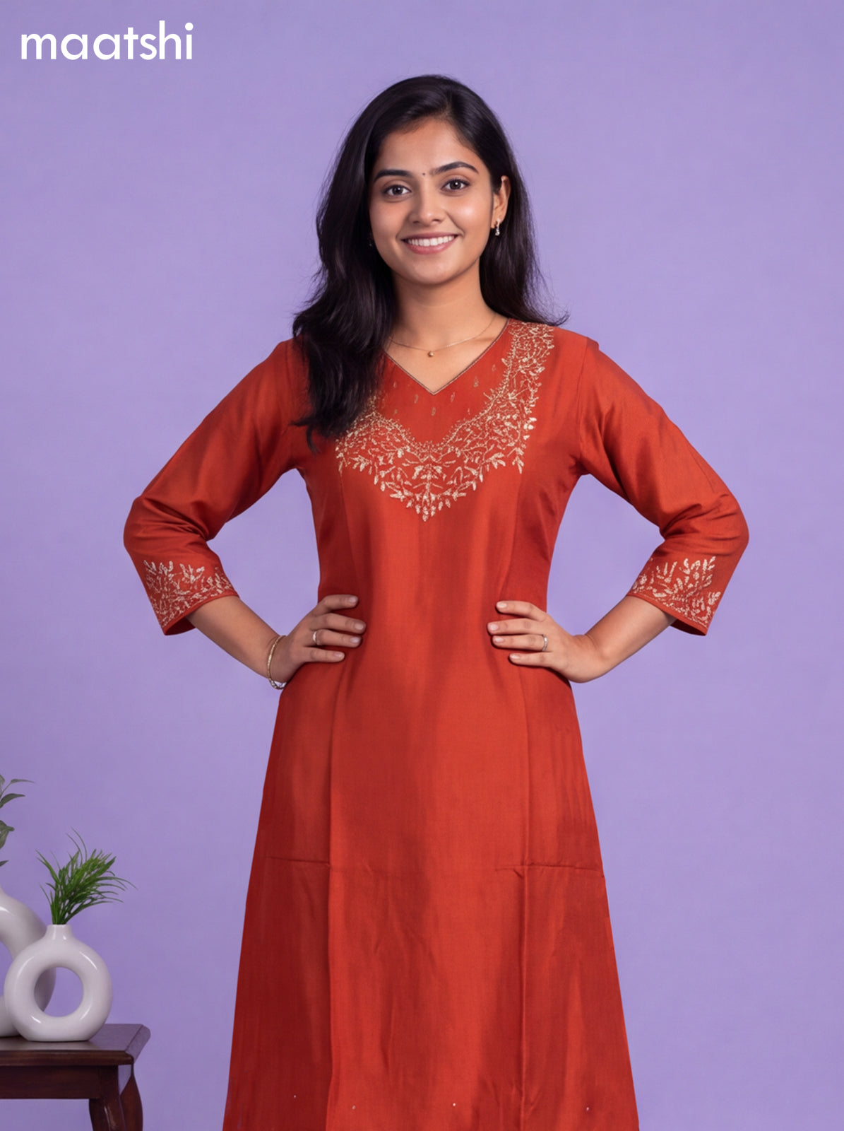 Rust Art Tussar Embroidery Work A-Line Suit