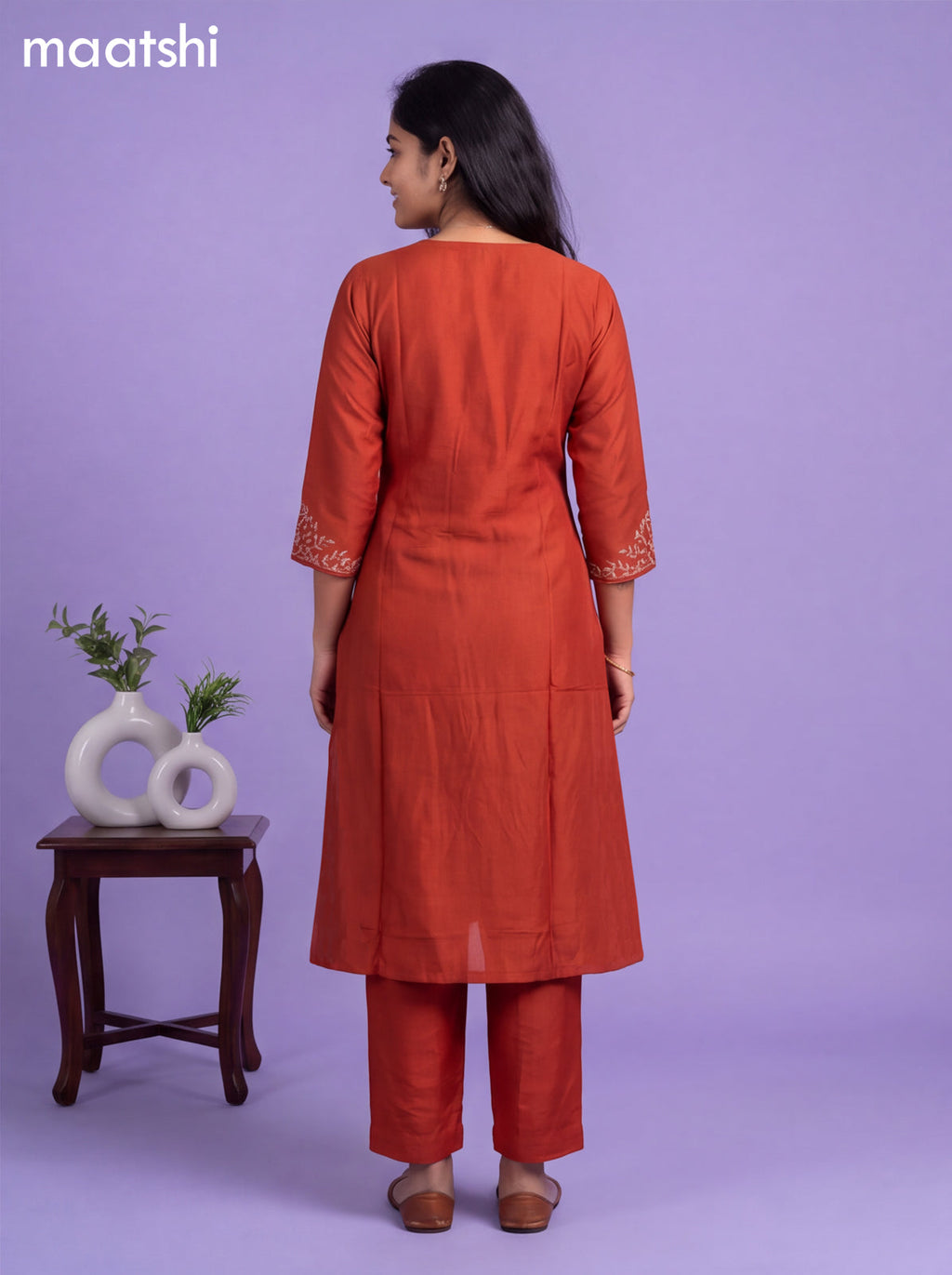 Rust Art Tussar Embroidery Work A-Line Suit