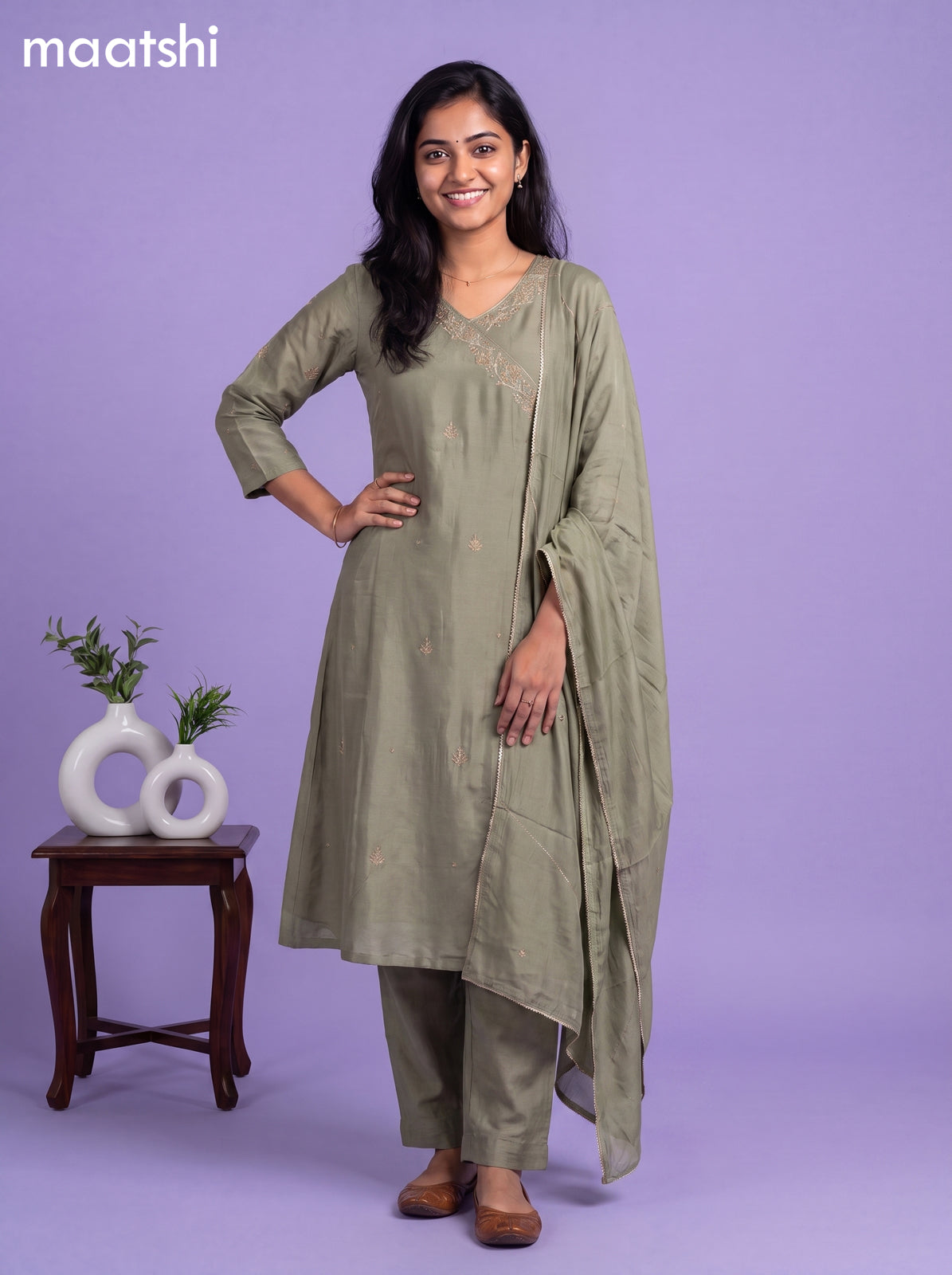 Pastel Green Art Tussar Embroidery Work A-Line Suit