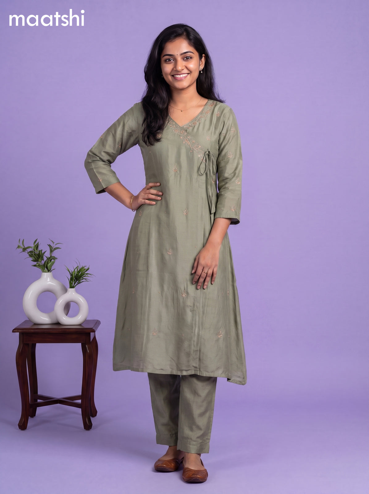 Pastel Green Art Tussar Embroidery Work A-Line Suit