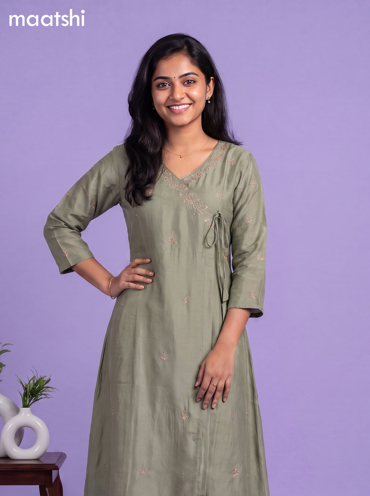 Pastel Green Art Tussar Embroidery Work A-Line Suit