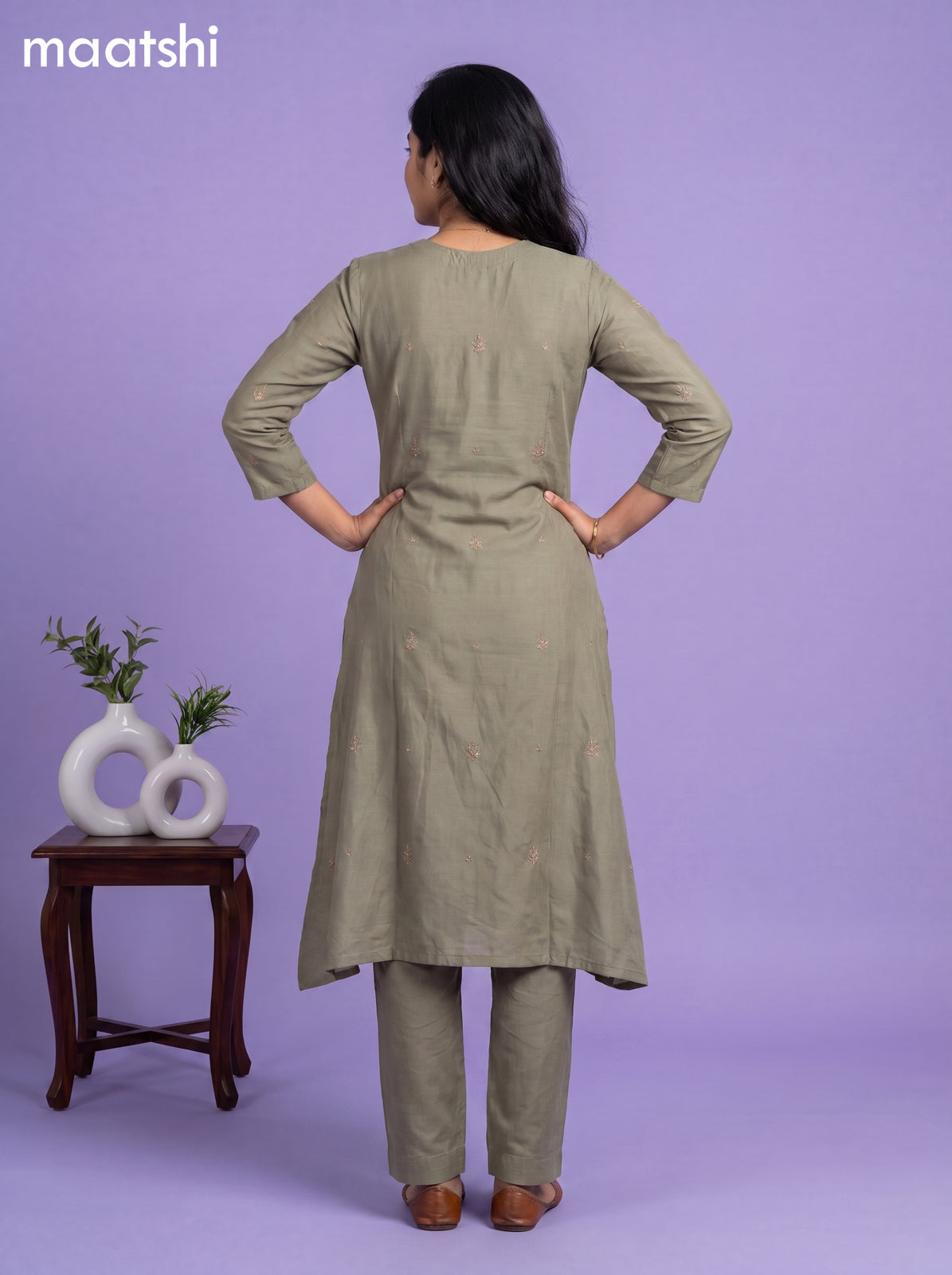 Pastel Green Art Tussar Embroidery Work A-Line Suit