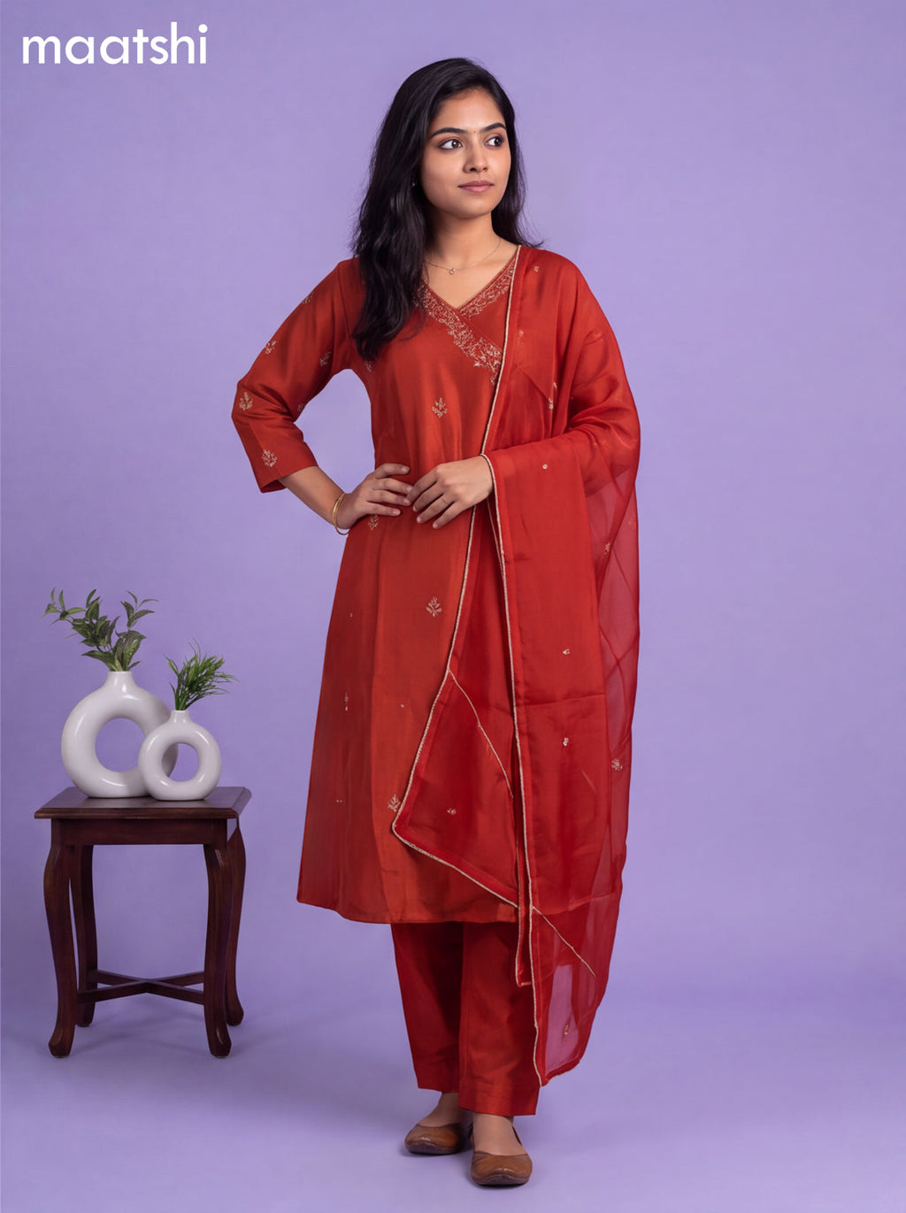 Rust Art Tussar Embroidery Work A-Line Suit