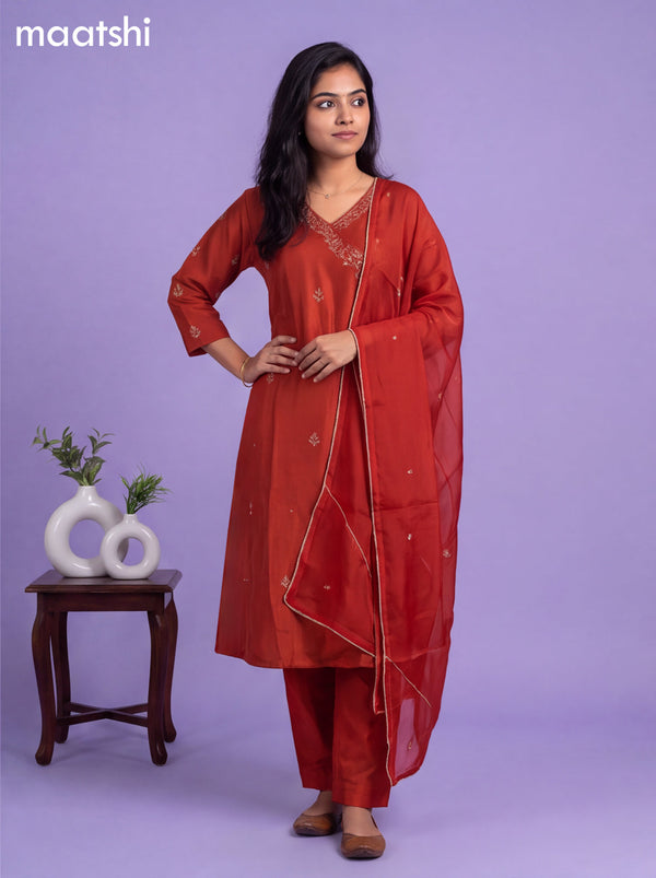 Rust Art Tussar Embroidery Work A-Line Suit