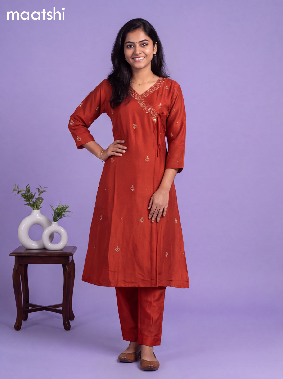 Rust Art Tussar Embroidery Work A-Line Suit