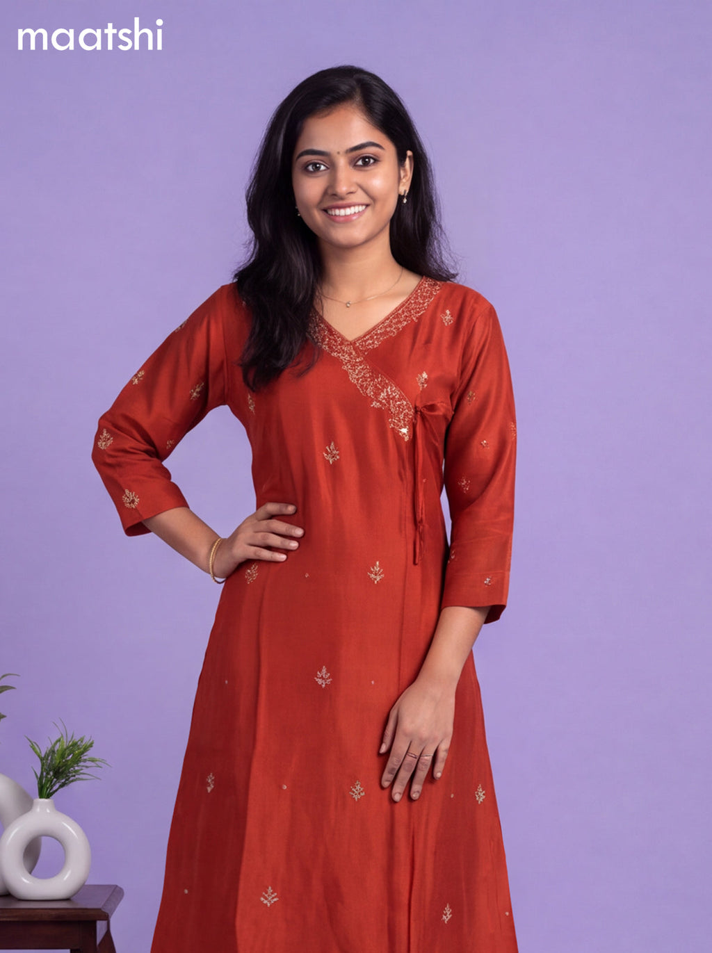 Rust Art Tussar Embroidery Work A-Line Suit