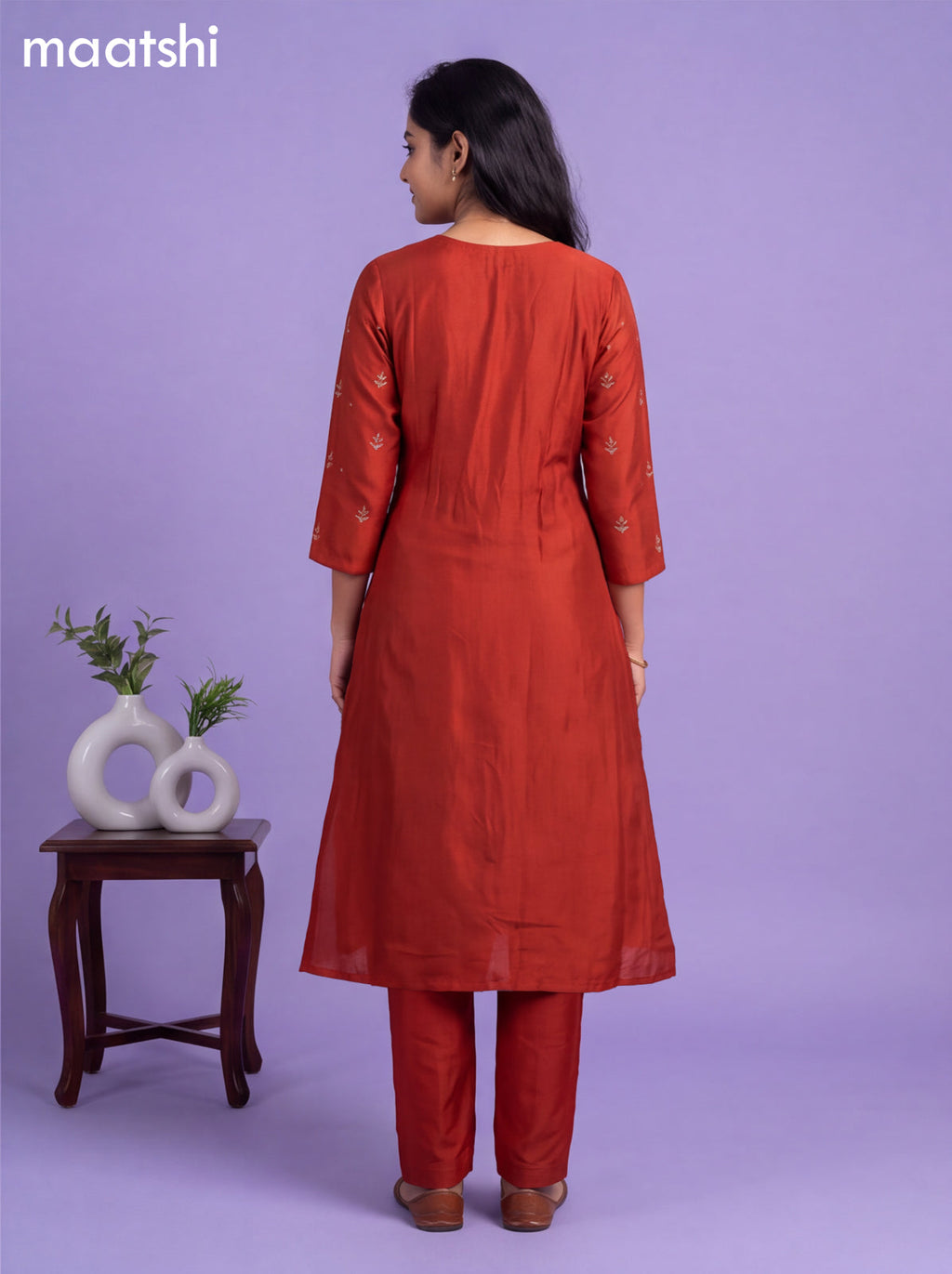 Rust Art Tussar Embroidery Work A-Line Suit