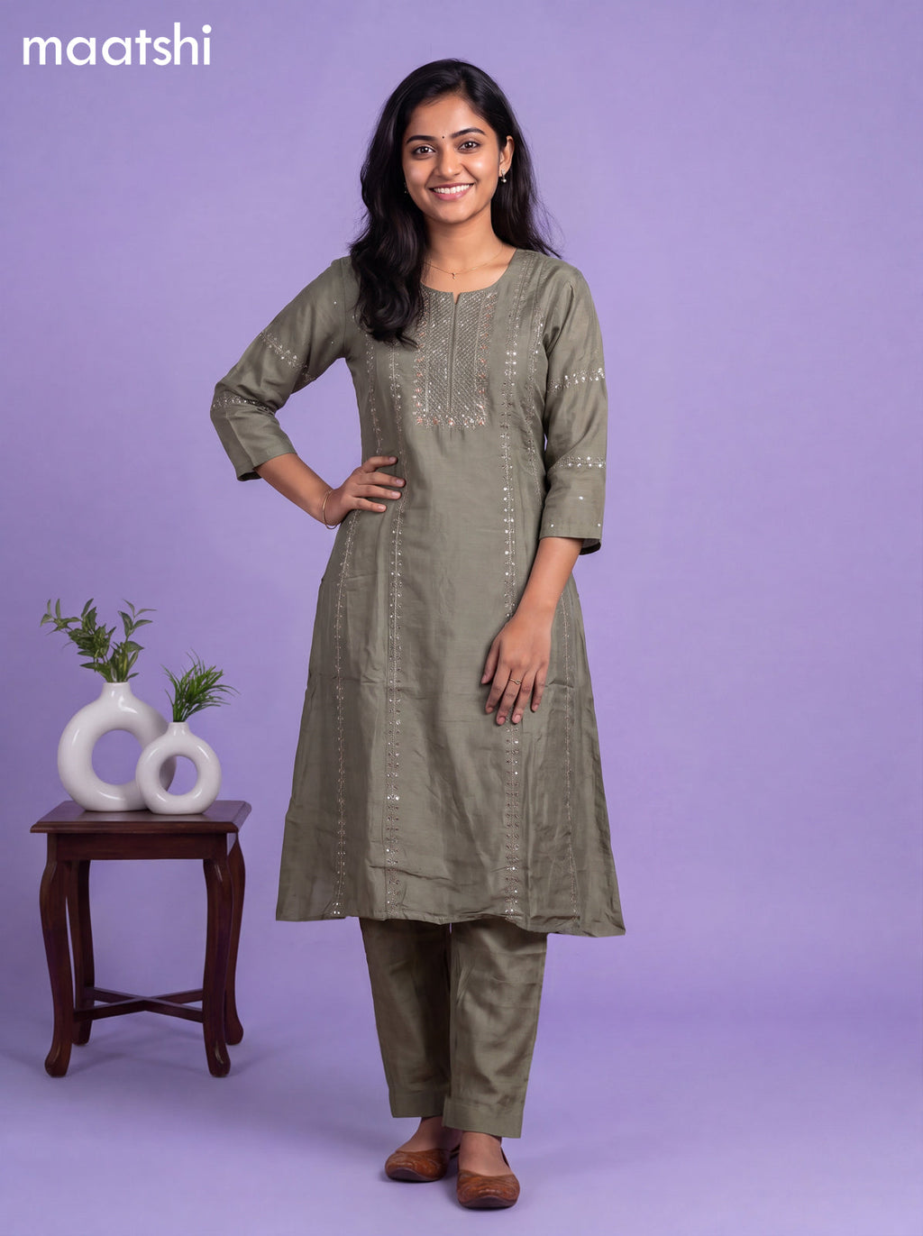 Pastel Green Art Tussar Embroidery Work A-Line Suit