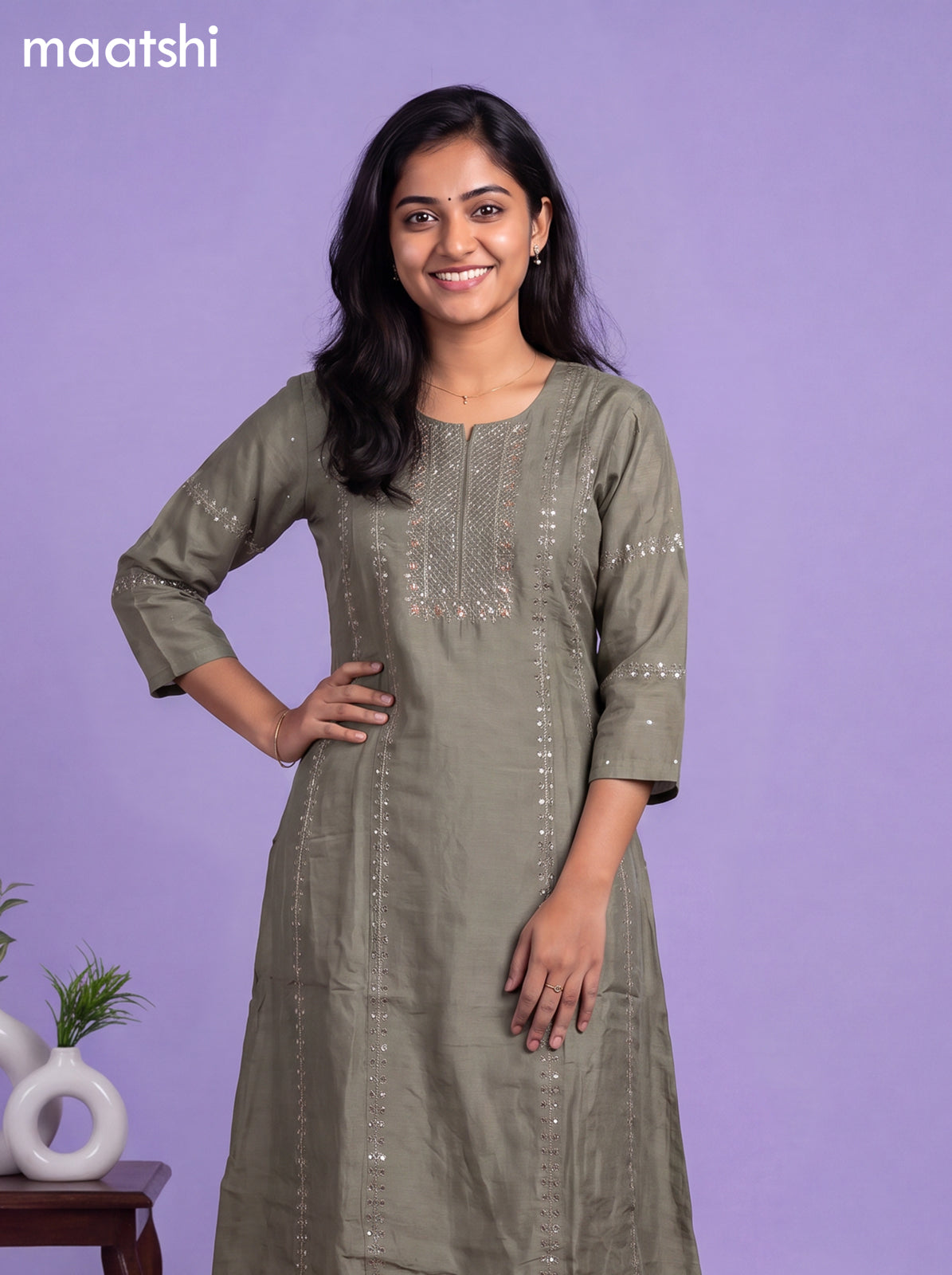 Pastel Green Art Tussar Embroidery Work A-Line Suit