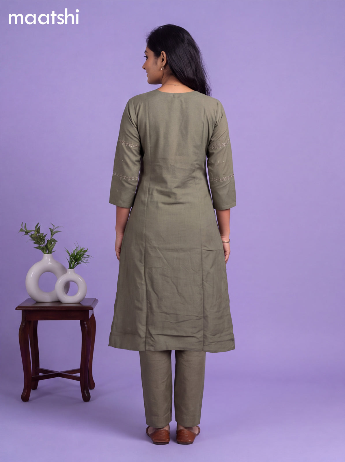Pastel Green Art Tussar Embroidery Work A-Line Suit