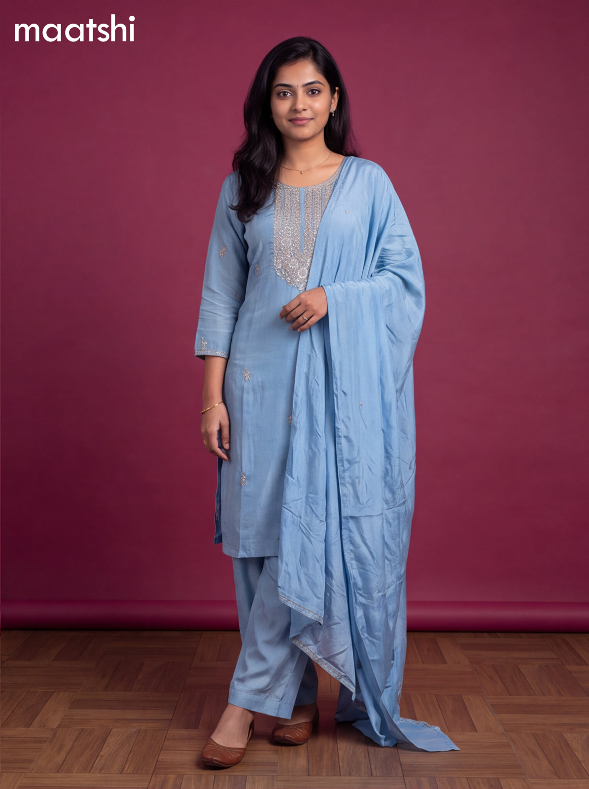 Light Blue Crepe Silk Embroidery Work Straight Suit
