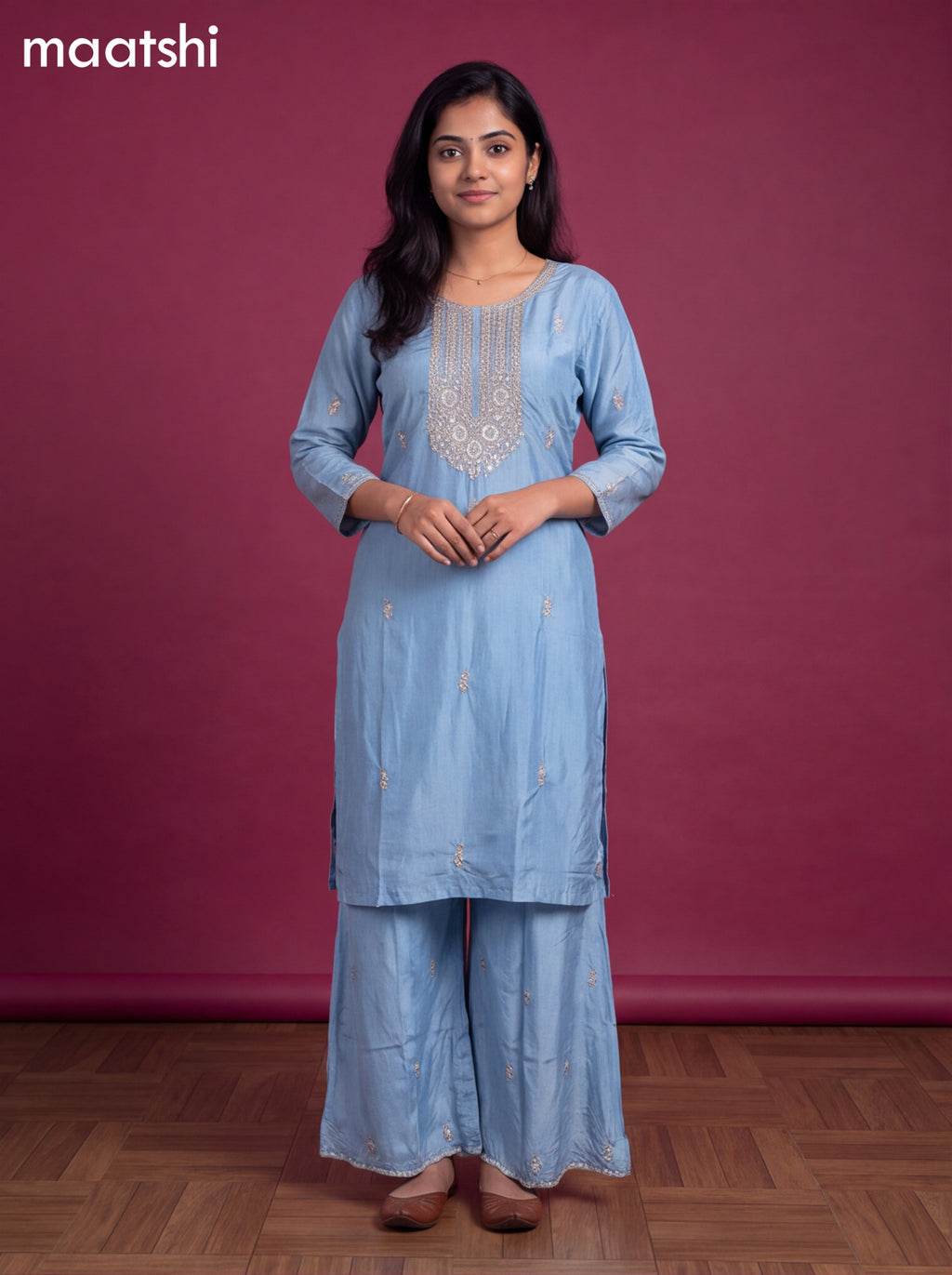 Light Blue Crepe Silk Embroidery Work Straight Suit