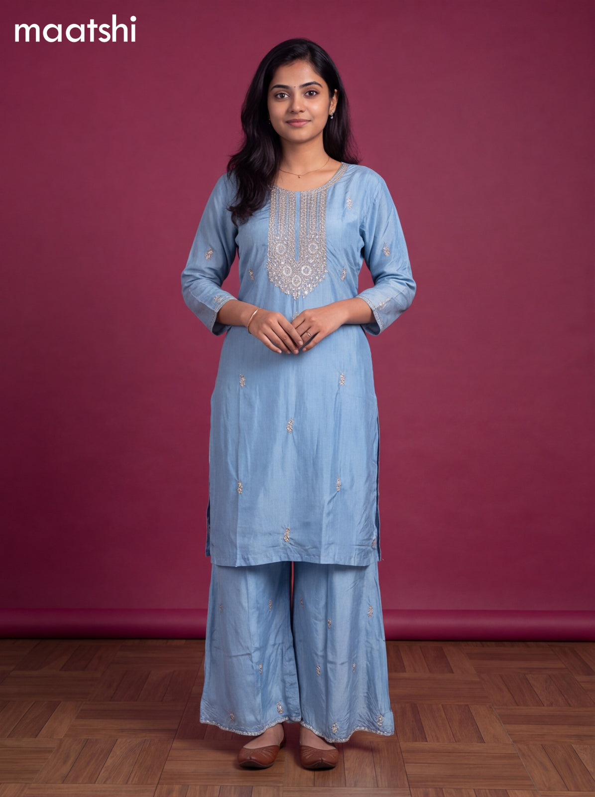 Light Blue Crepe Silk Embroidery Work Straight Suit