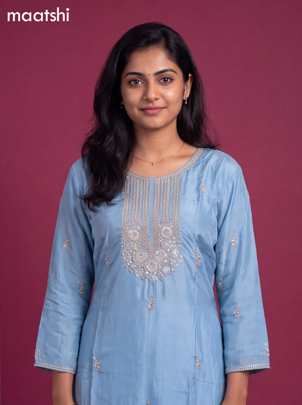 Light Blue Crepe Silk Embroidery Work Straight Suit