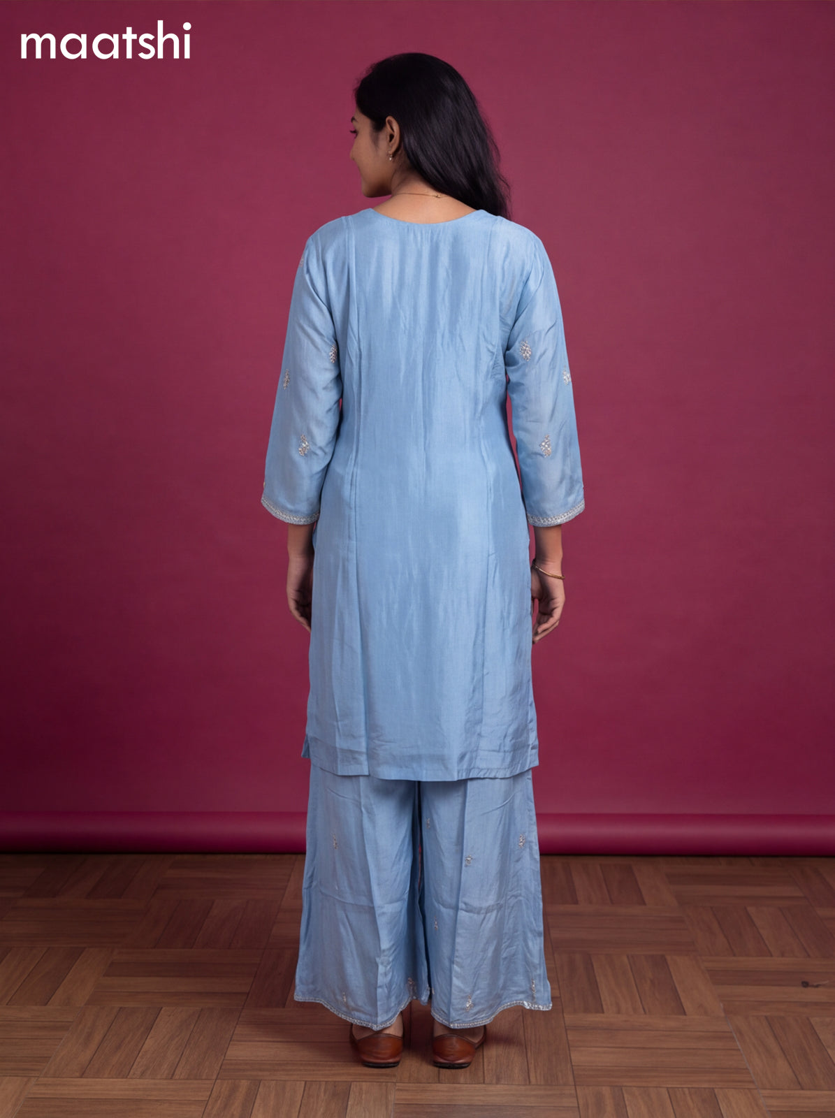 Light Blue Crepe Silk Embroidery Work Straight Suit