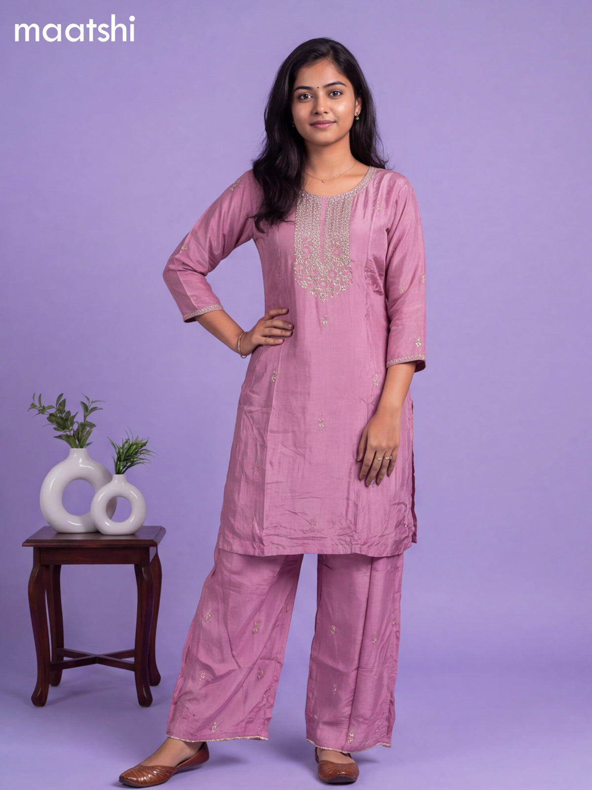 Pink Crepe Silk Embroidery Work Straight Suit