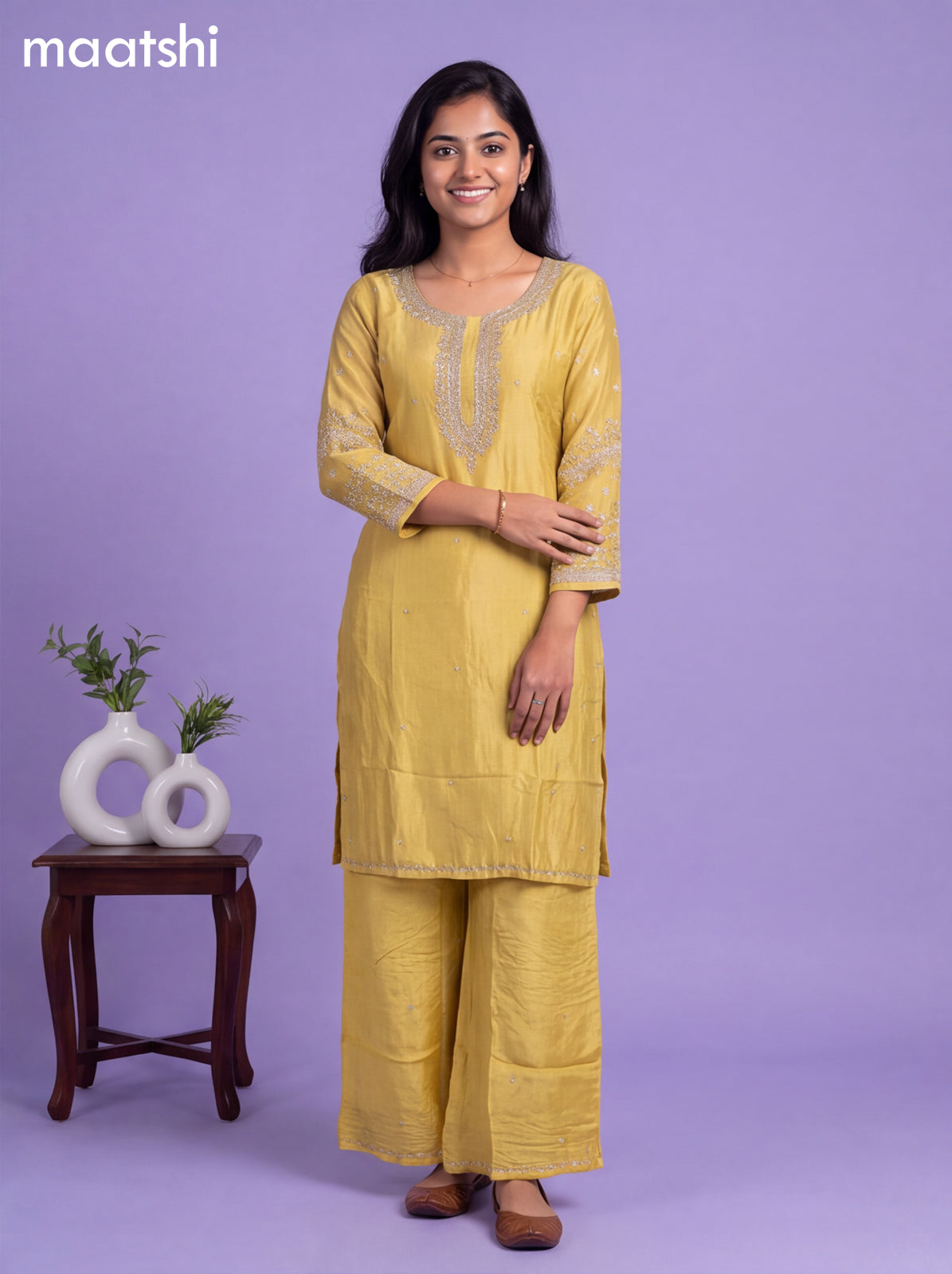 Yellow Art Silk Embroidery Work Straight Suit