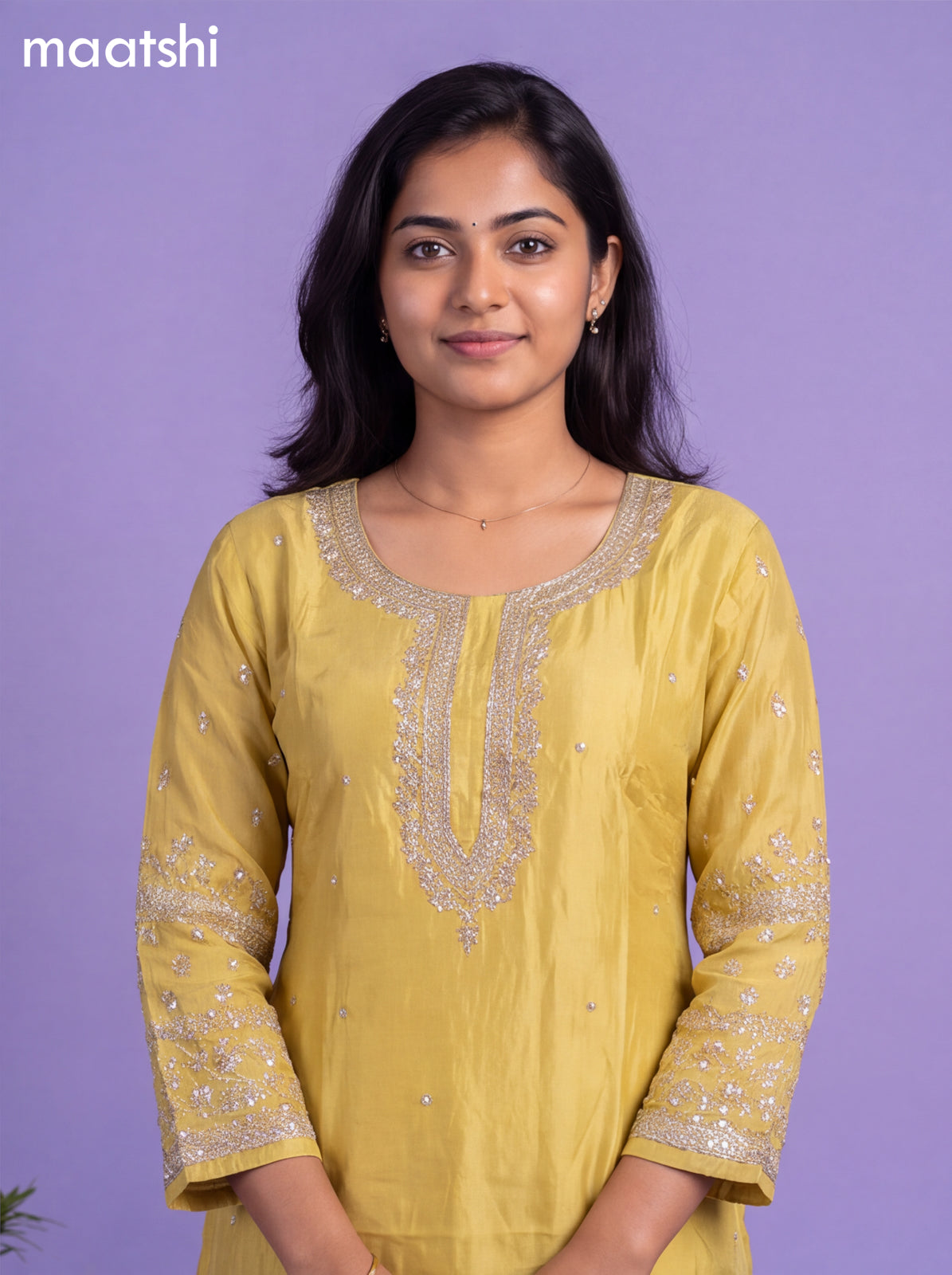 Yellow Art Silk Embroidery Work Straight Suit