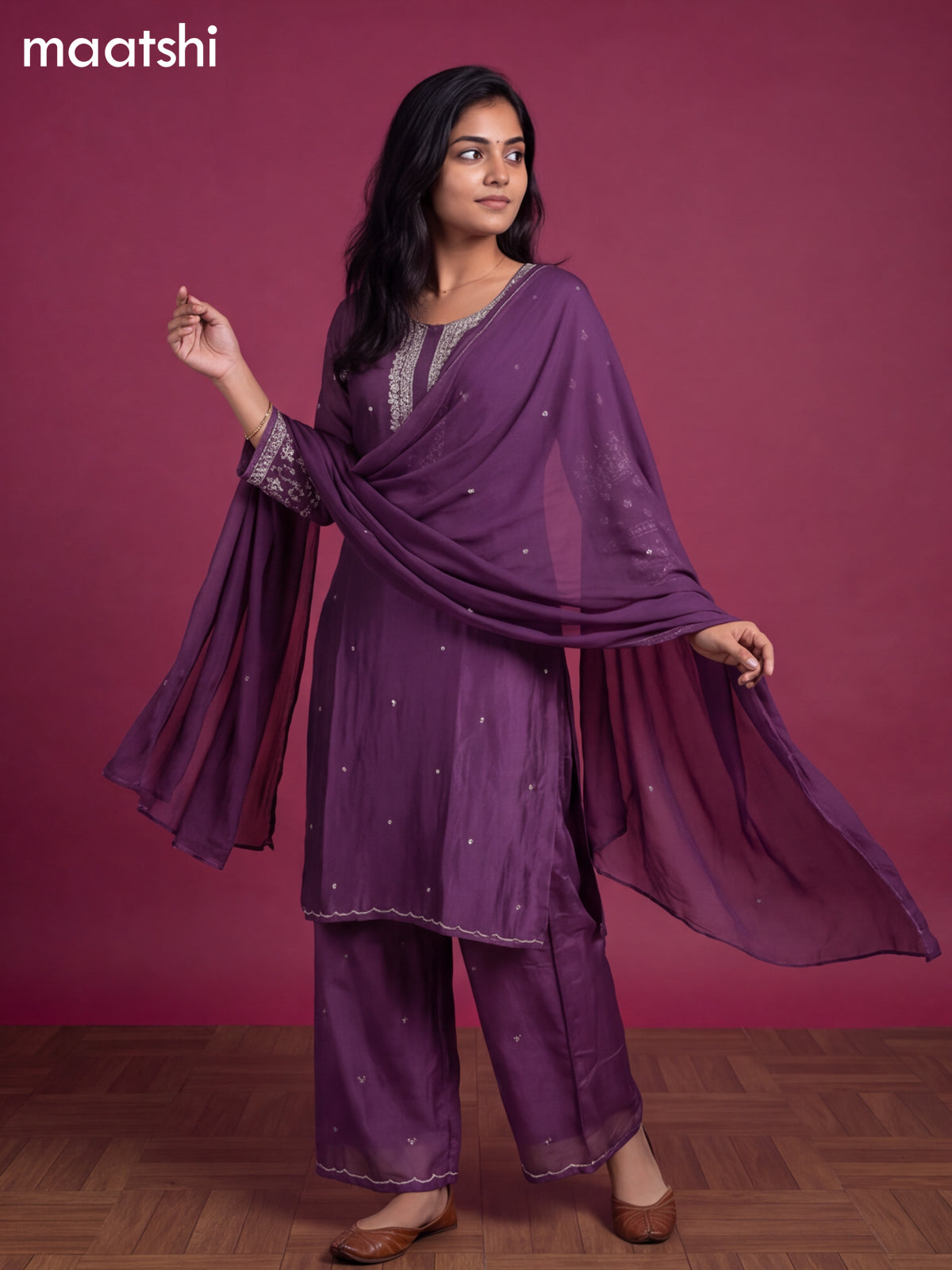 Purple Art Silk Embroidery Work Straight Suit