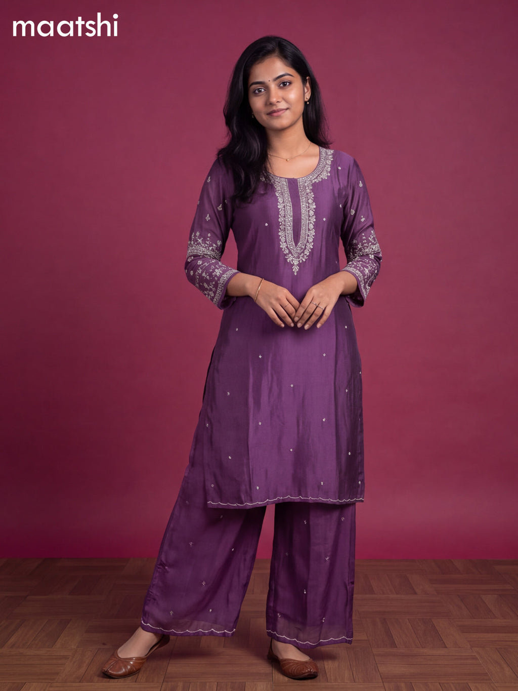 Purple Art Silk Embroidery Work Straight Suit