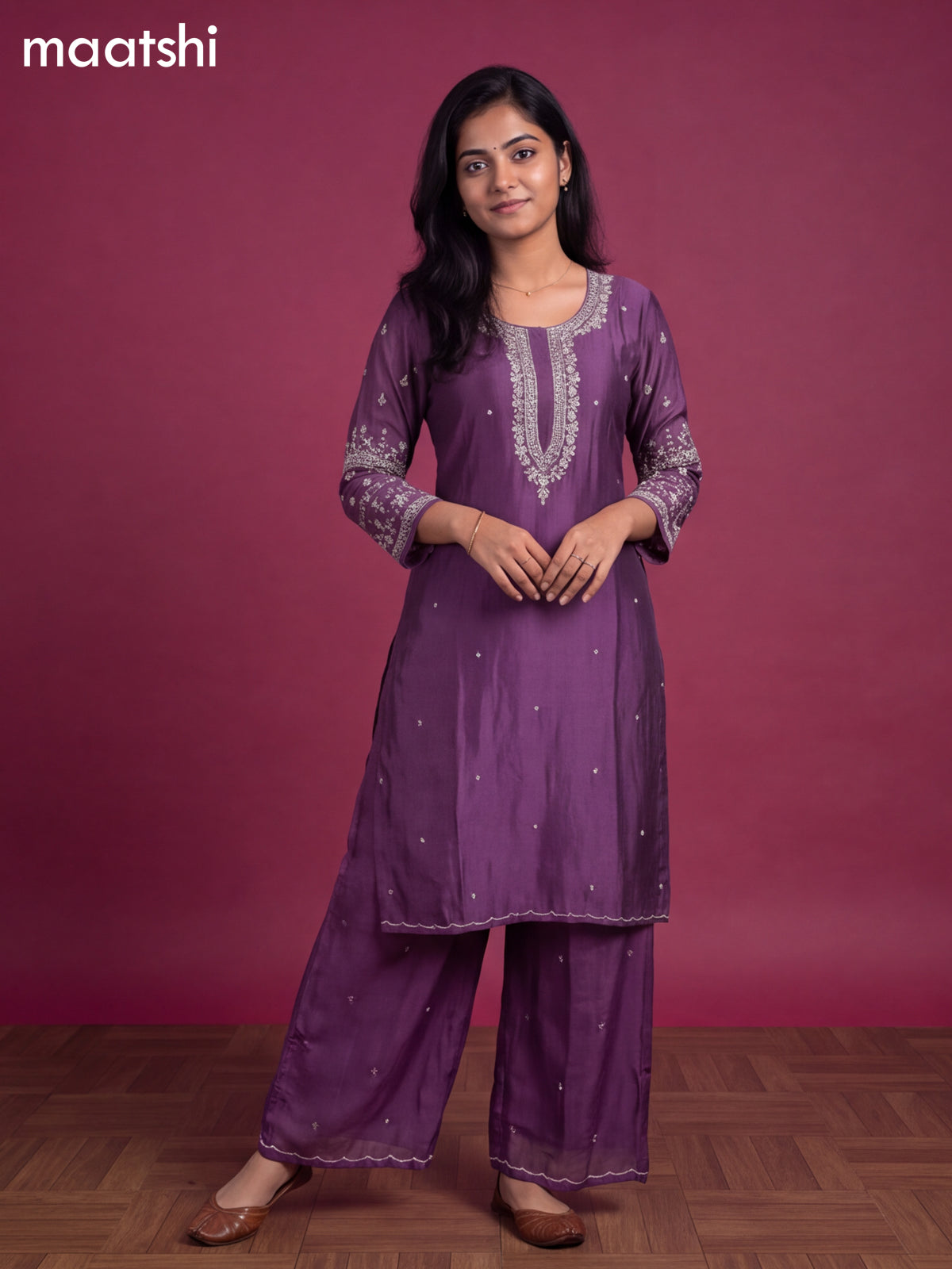 Purple Art Silk Embroidery Work Straight Suit