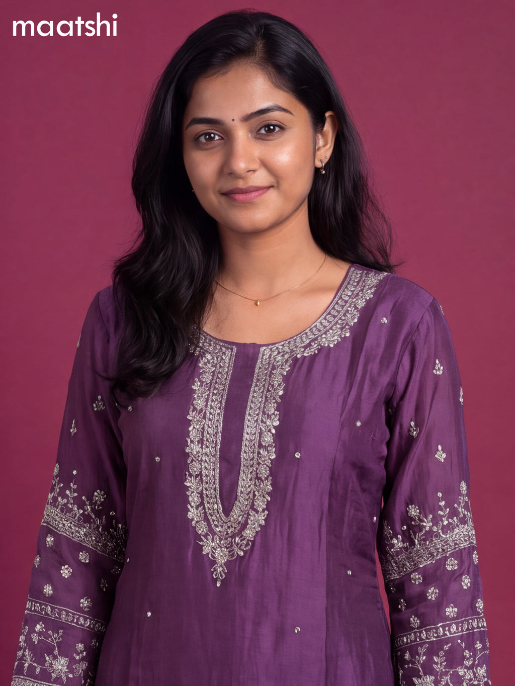 Purple Art Silk Embroidery Work Straight Suit