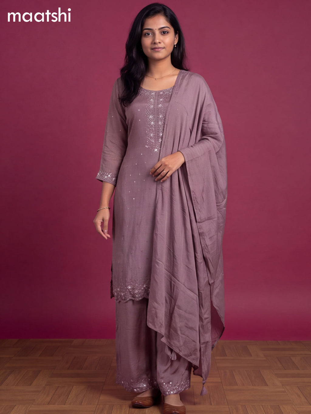 Dark Mauve Pink Art Silk Embroidery Work Straight Suit