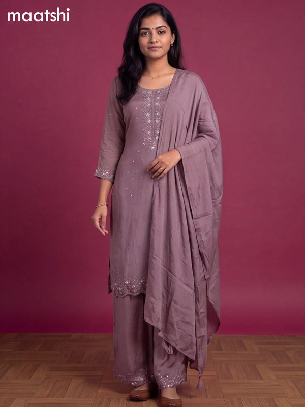 Dark Mauve Pink Art Silk Embroidery Work Straight Suit