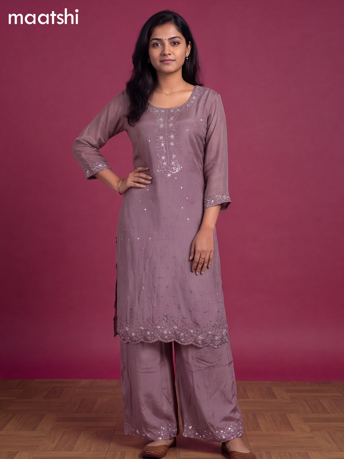 Dark Mauve Pink Art Silk Embroidery Work Straight Suit