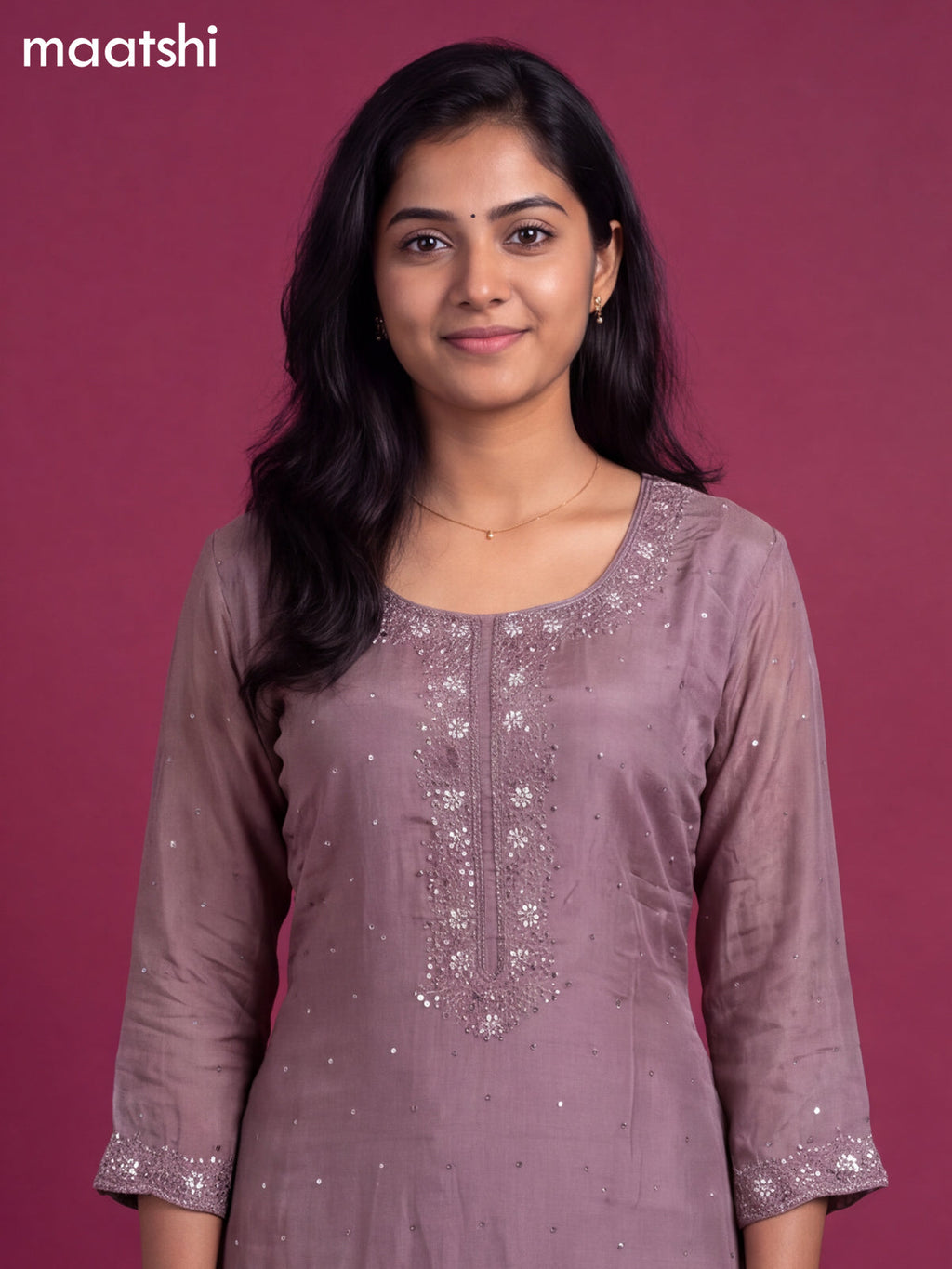 Dark Mauve Pink Art Silk Embroidery Work Straight Suit