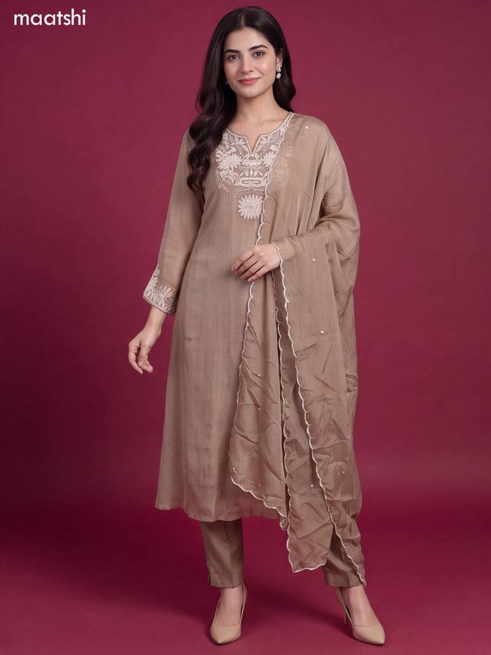 Dark Biege Art Silk Heavy Embroidery Work A-Line Suit