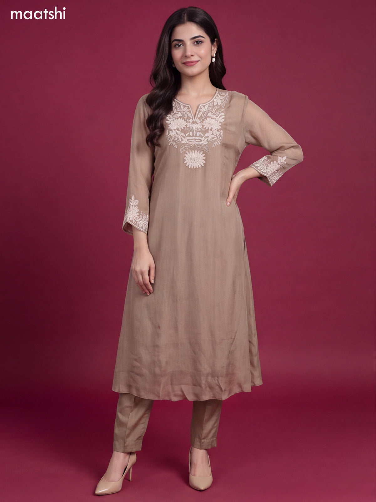 Dark Biege Art Silk Heavy Embroidery Work A-Line Suit