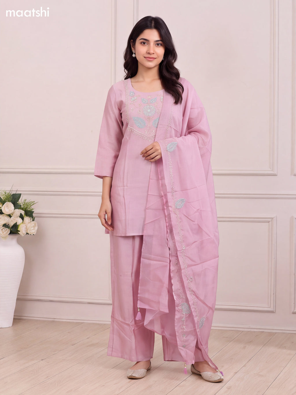 Peach Pink Chanderi Embroidery Work Short Straight Suit