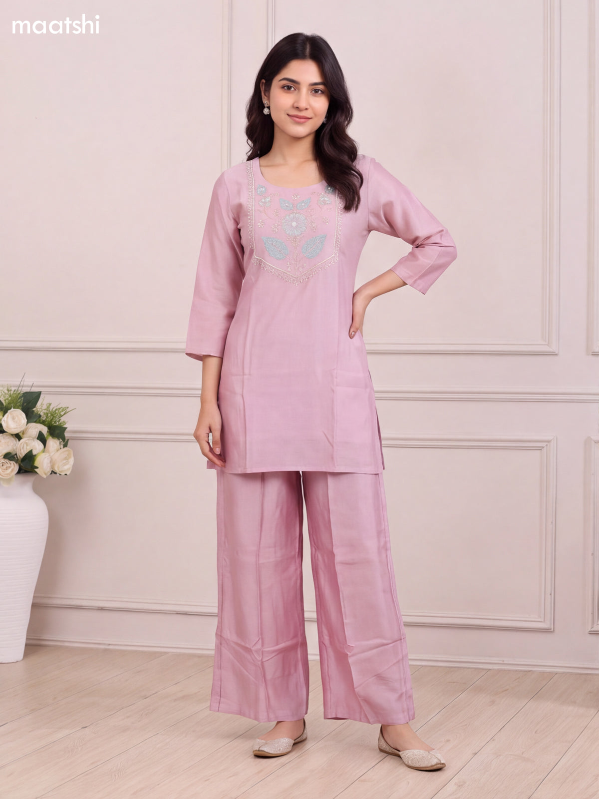 Peach Pink Chanderi Embroidery Work Short Straight Suit