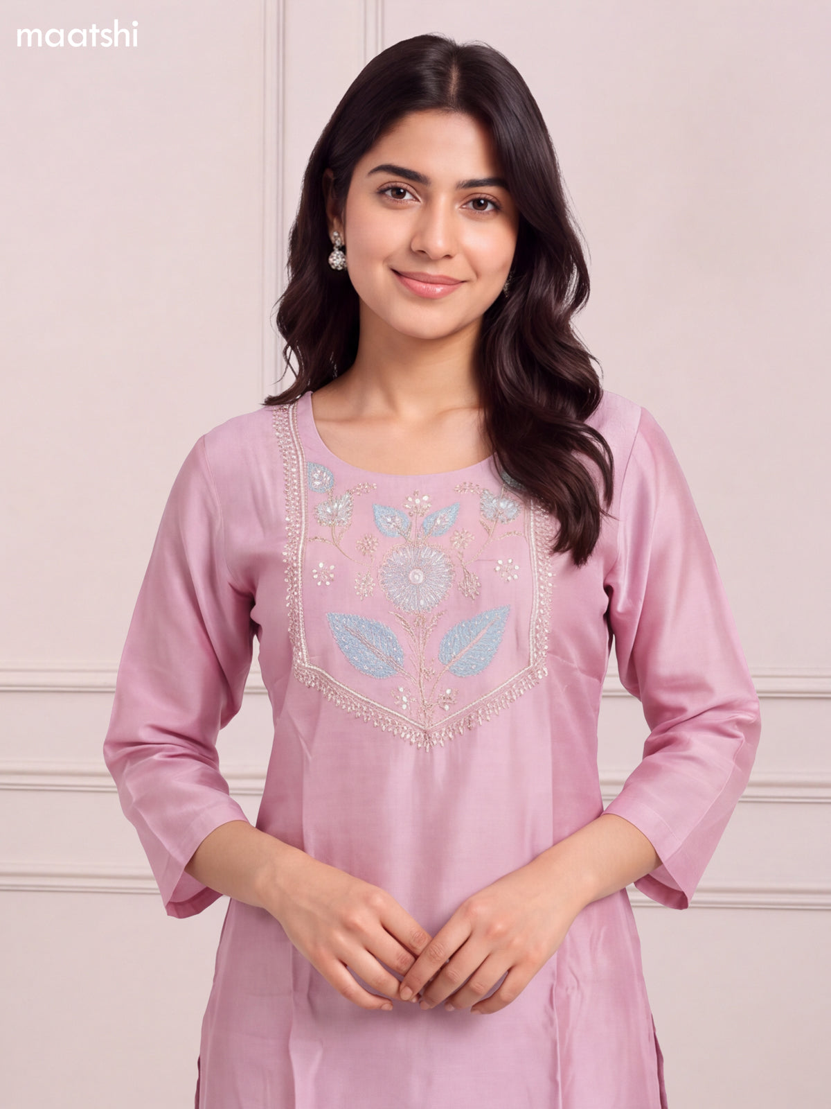 Peach Pink Chanderi Embroidery Work Short Straight Suit