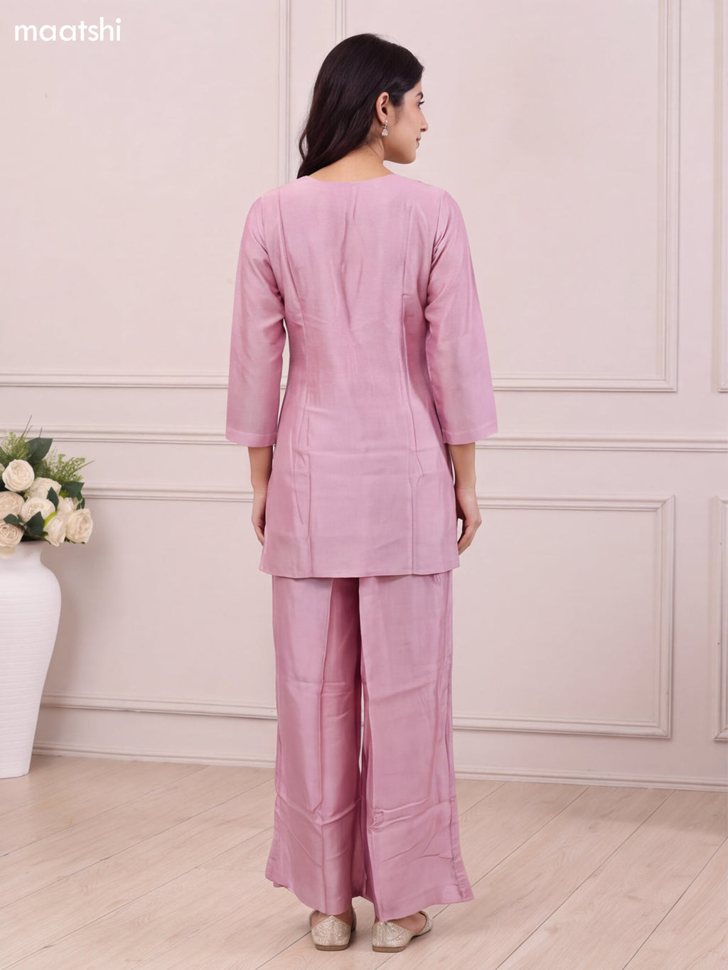 Peach Pink Chanderi Embroidery Work Short Straight Suit