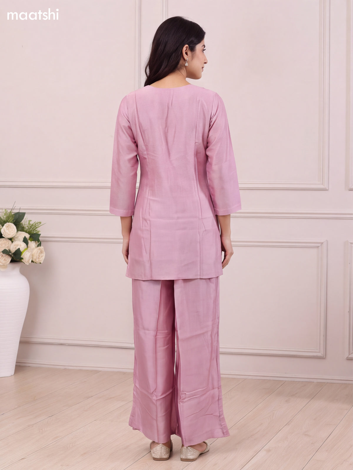 Peach Pink Chanderi Embroidery Work Short Straight Suit