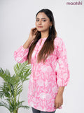 Cotton short kurti pink and off white with allover prints & simple neck pattern without pant